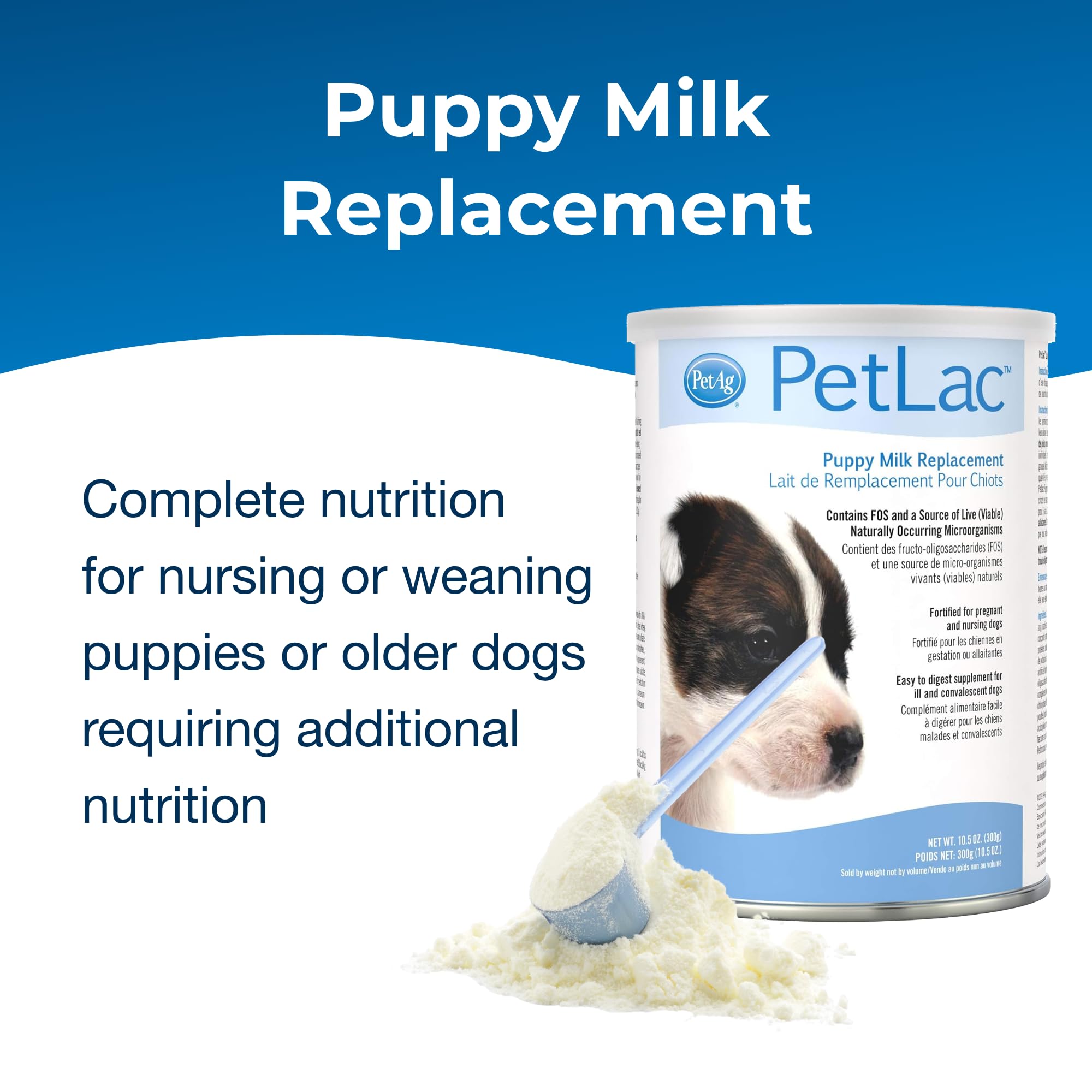 PetLac measuring spoon with powder for precise puppy nutrition.
