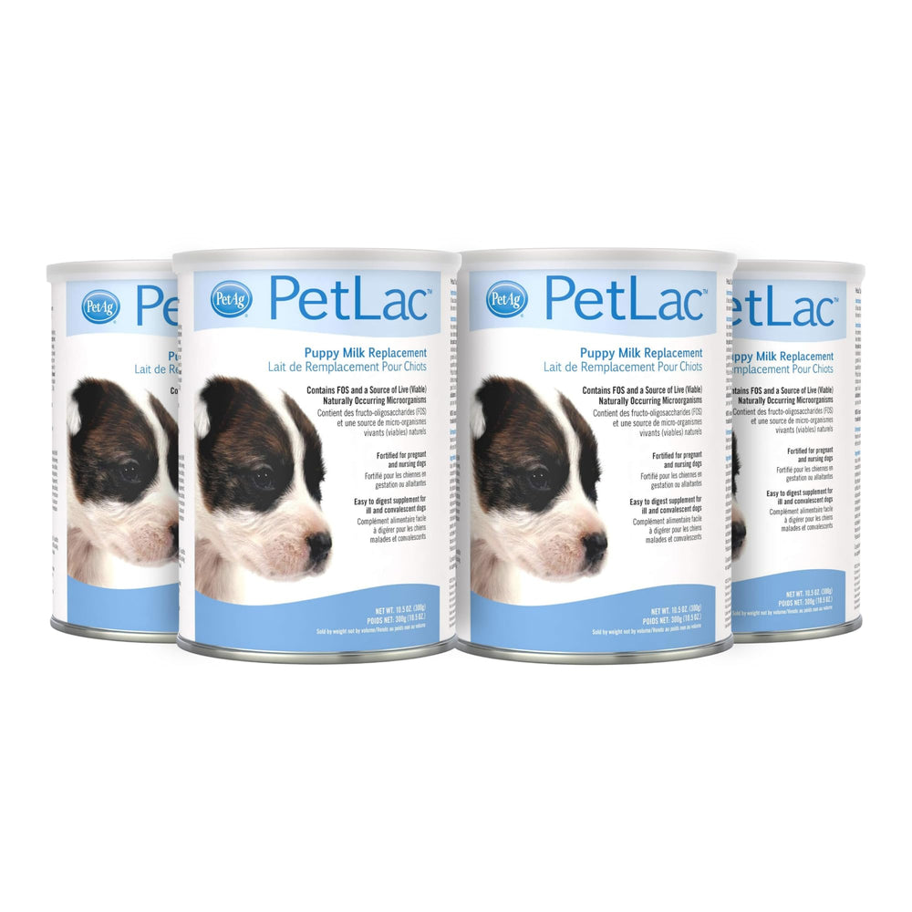 PetLac puppy milk replacement powder tub ready for mixing to support growth.