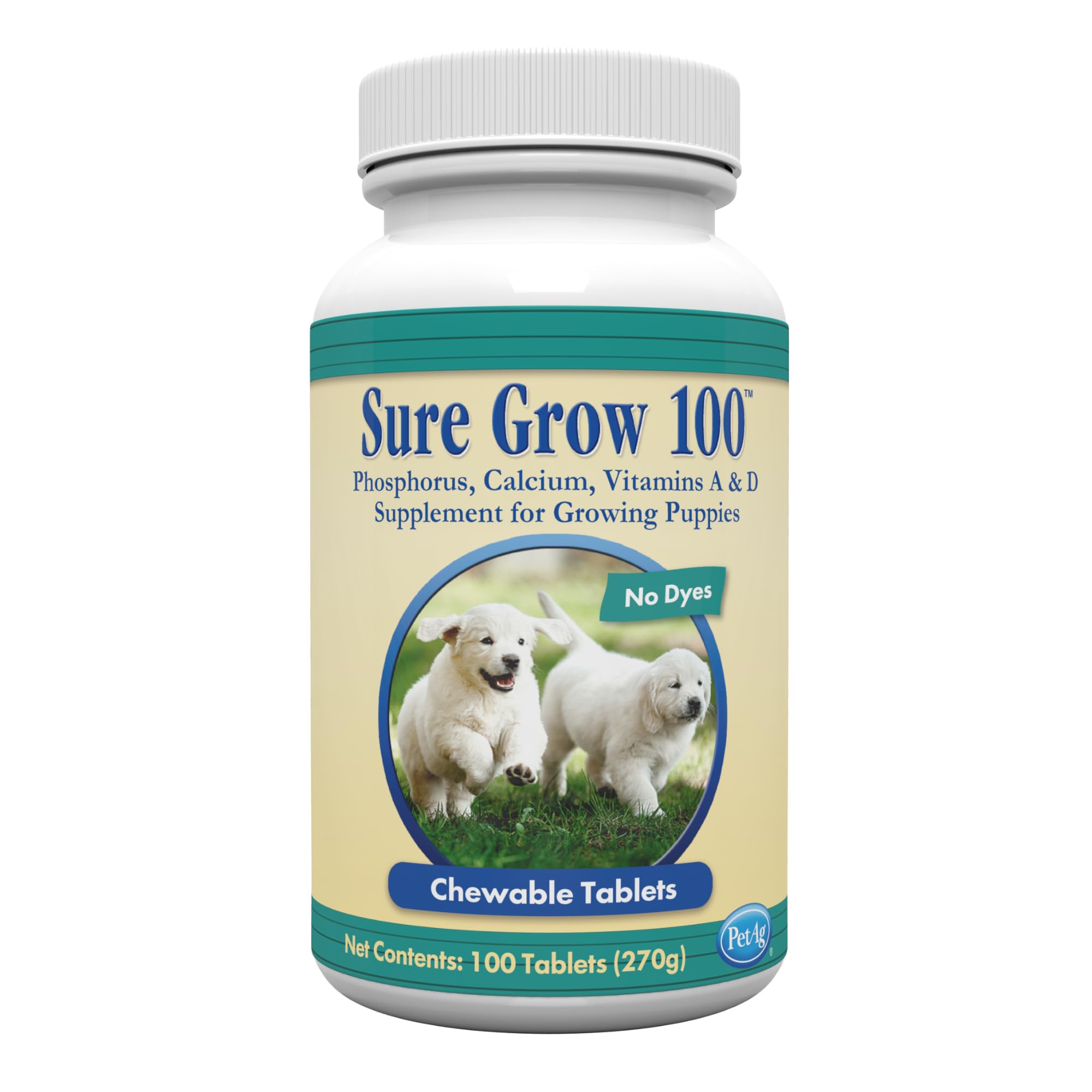 PetAg Sure Grow 100 bottle top view shows growth support for puppies