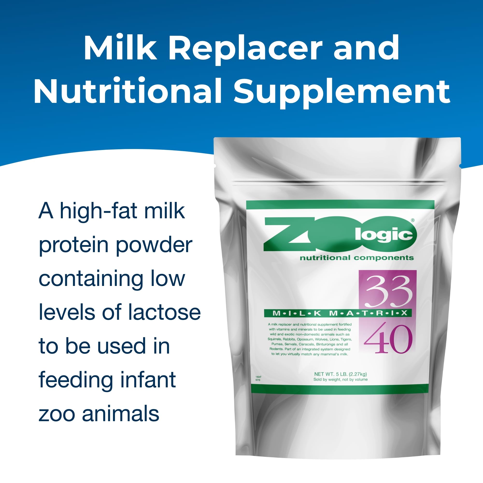 PetAg Zoologic Milk Matrix 33/40 packaging shows a 5 lb bag for continuous feeding.