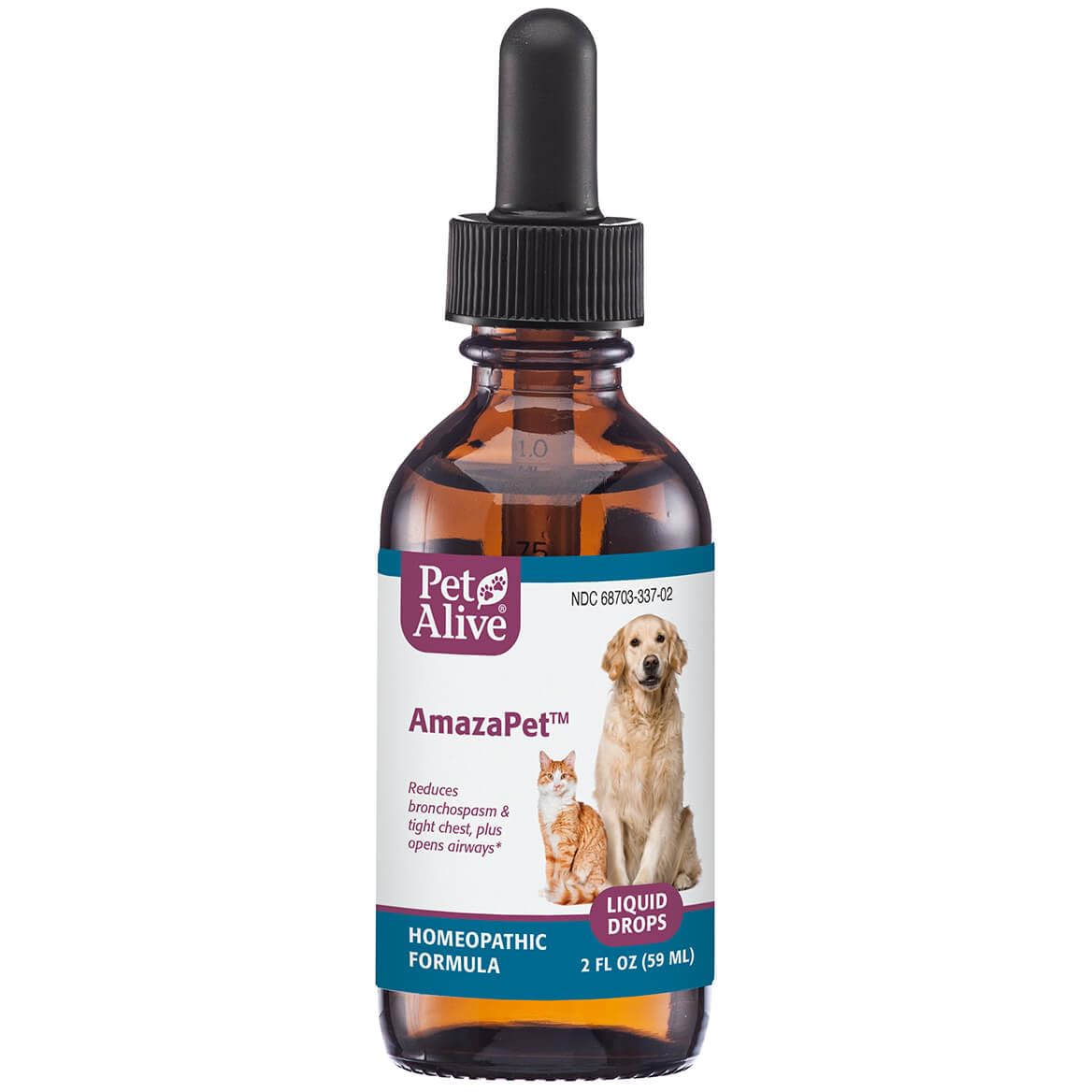 PetAlive AmazaPet Drops bottle front for respiratory support in pets.