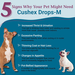 Cushex Drops-M for dogs and cats, highlighting digestive balance through homeopathic formula.