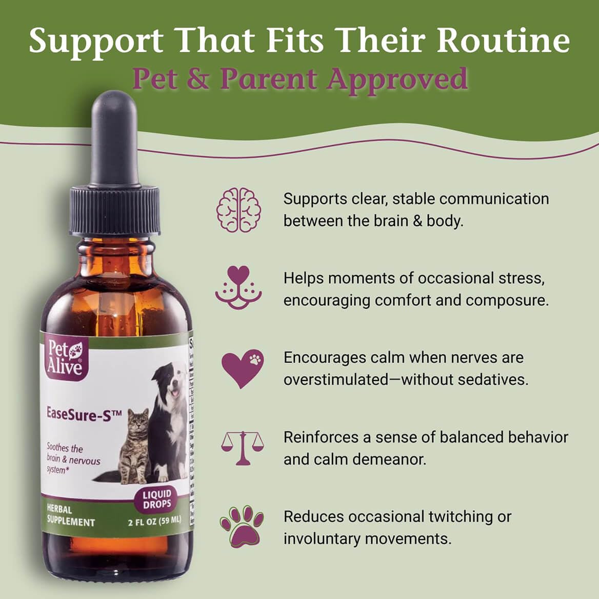 PetAlive EaseSure-S label and cap highlight natural herbs for nervous system support