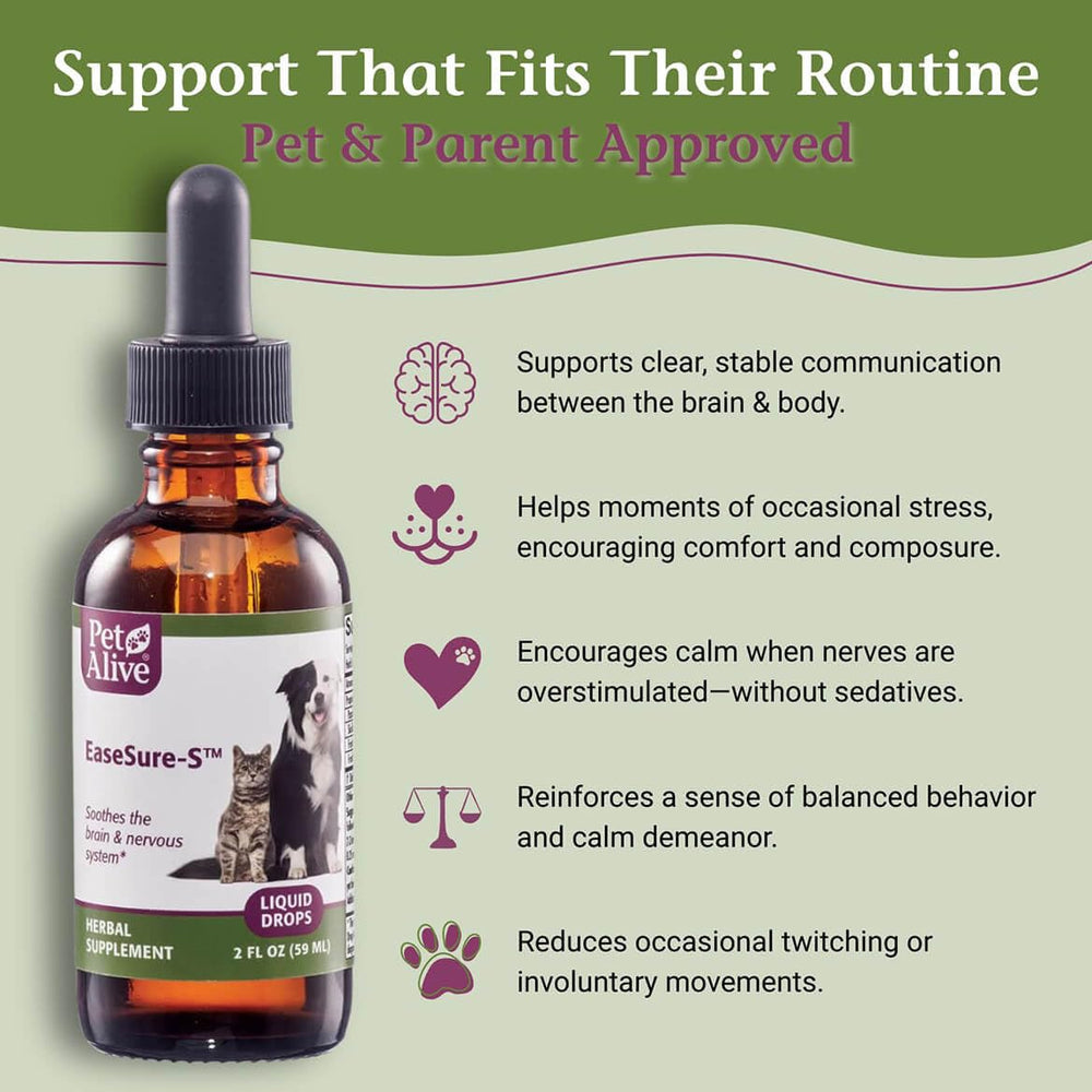 PetAlive EaseSure-S label and cap highlight natural herbs for nervous system support
