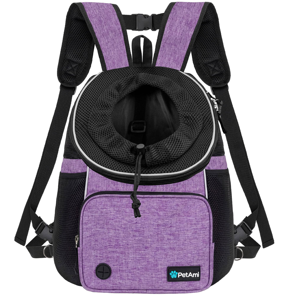 PetAmi adjustable chest carrier front view enables hands-free pet adventures.