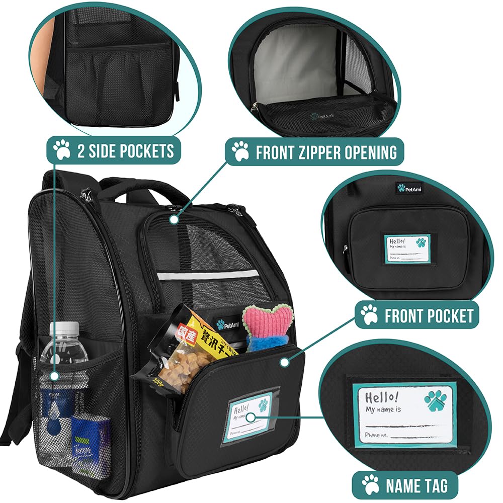 PetAmi airline-approved backpack ensures secure travel through airports with built-in safety strap.