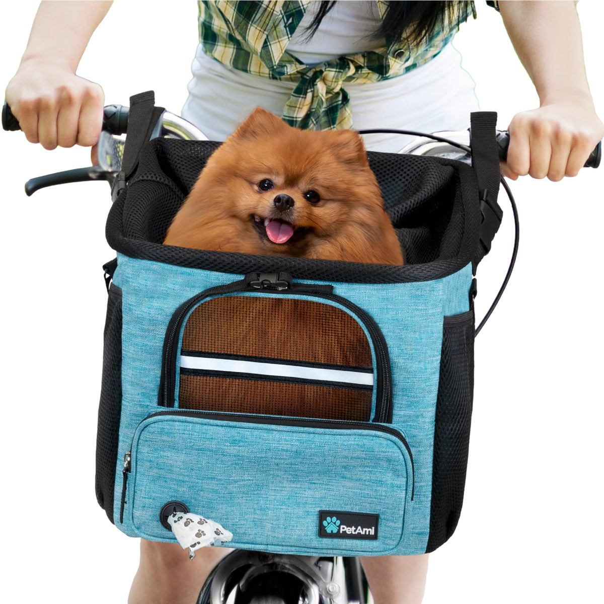 PetAmi Dog Bike Basket front view shows easy front-mount design for convenient pet transport.