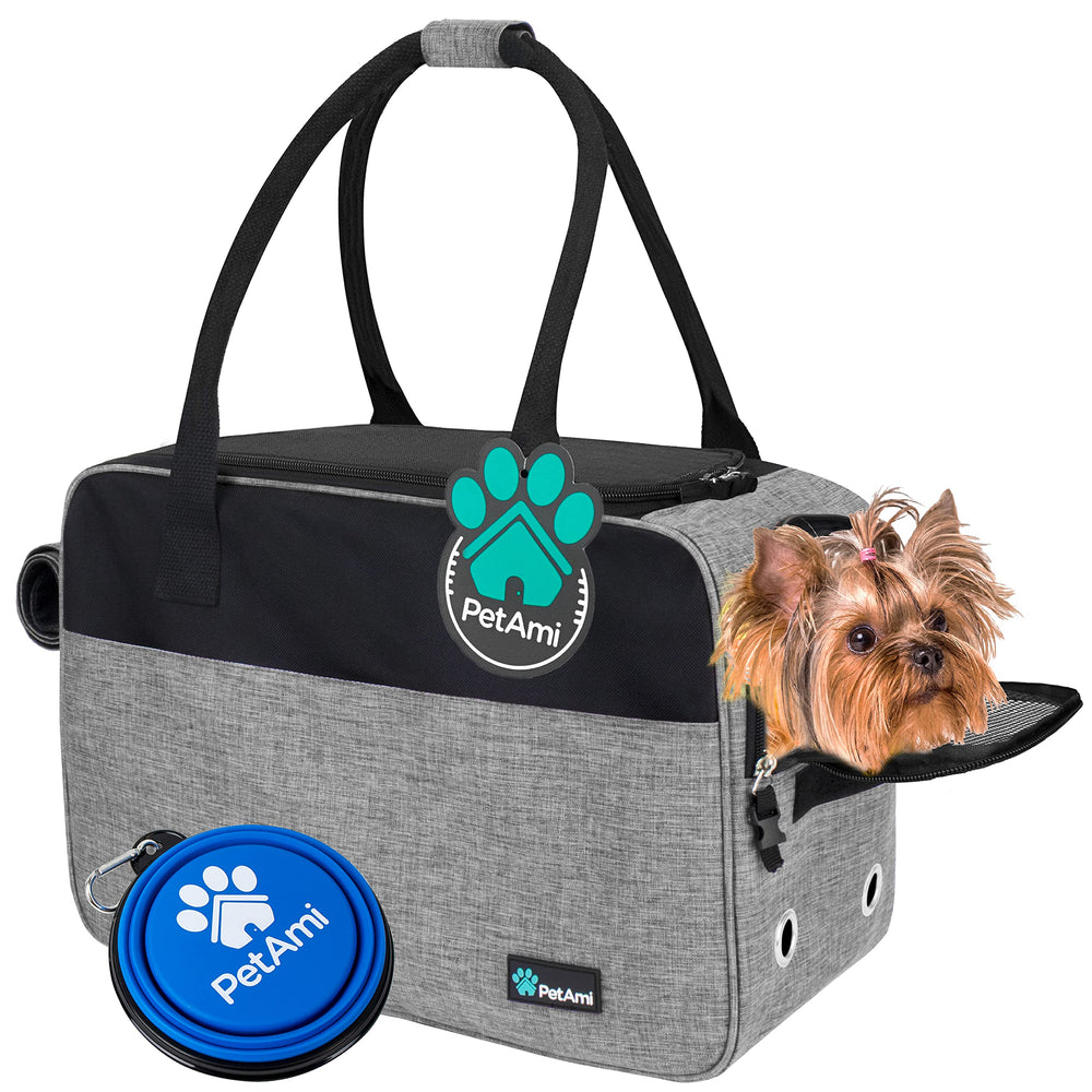 PetAmi dog purse carrier under-seat setup for airline travel