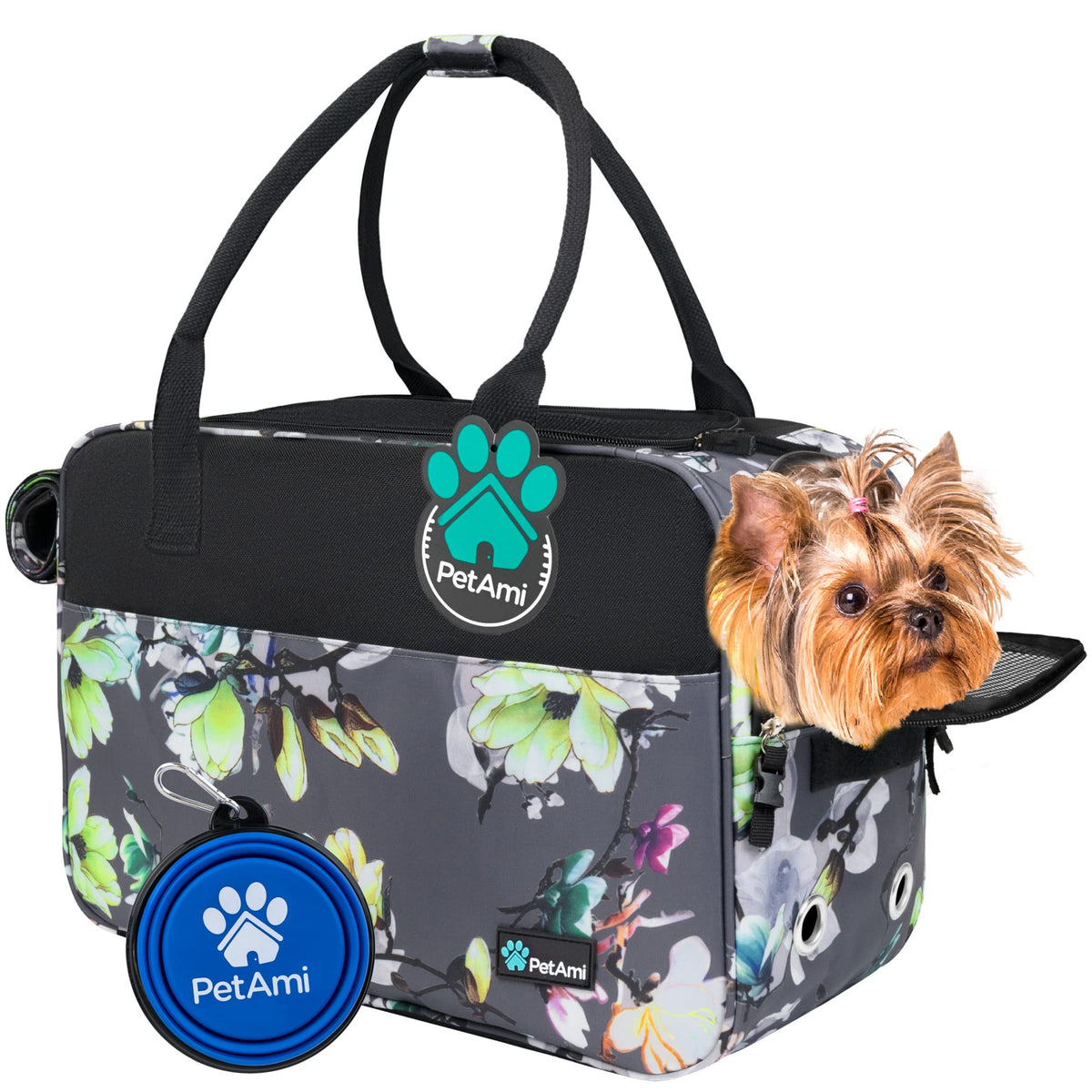 PetAmi dog purse carrier under-seat view indicating airline-friendly size for small pets