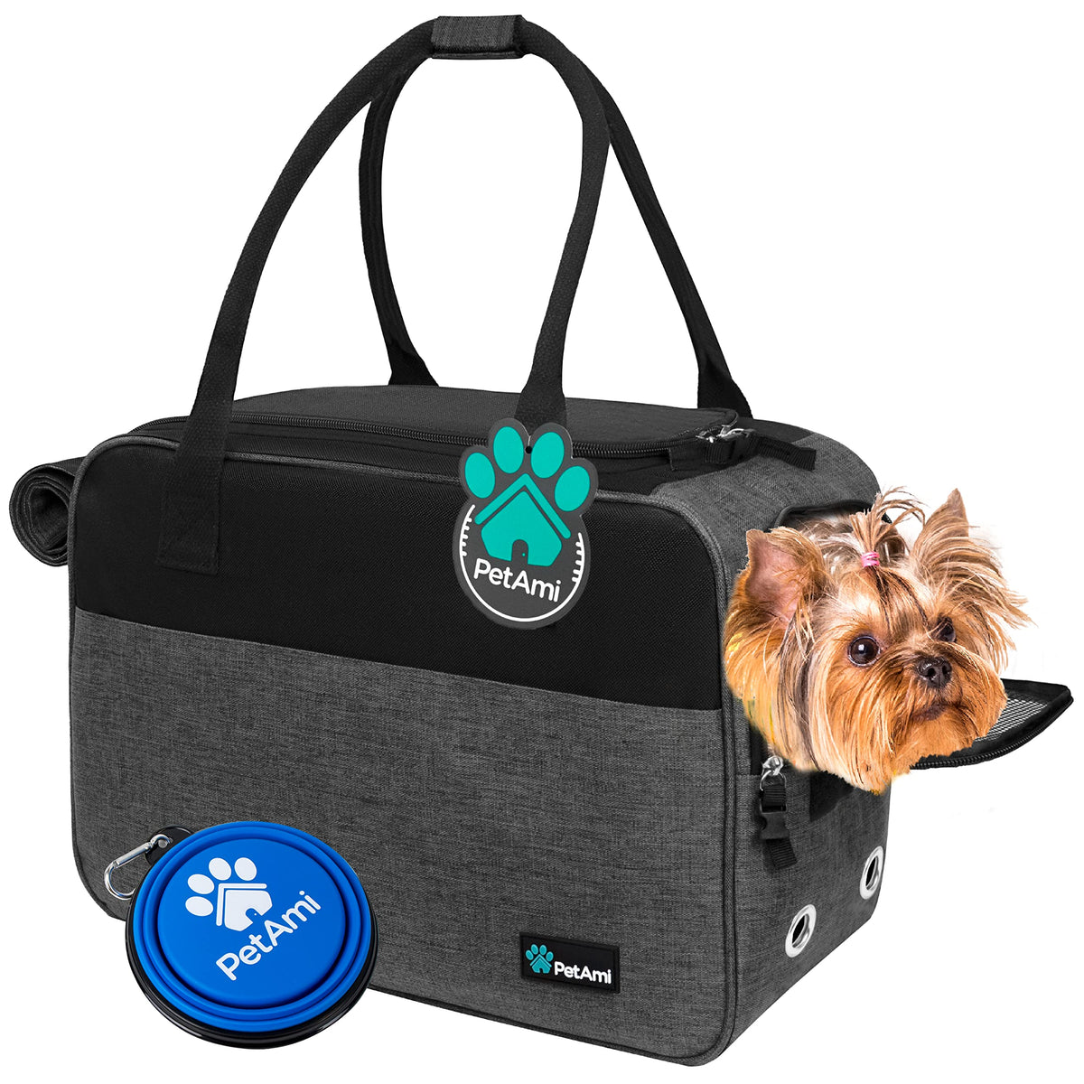 PetAmi dog purse carrier under-seat design for convenient airline travel and storage.