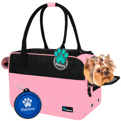 PetAmi dog purse carrier under airplane seat demonstrates airline approval and compact design.
