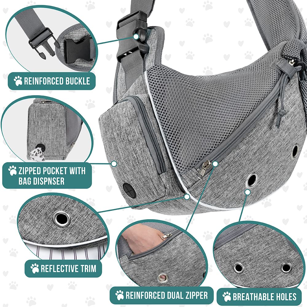 PetAmi gray sling features reflective trim for better visibility during dawn or dusk outings.