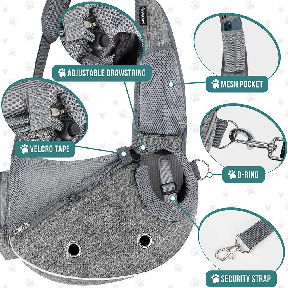 PetAmi Dog Sling Carrier secure-entry design keeps your pet safe on errands.