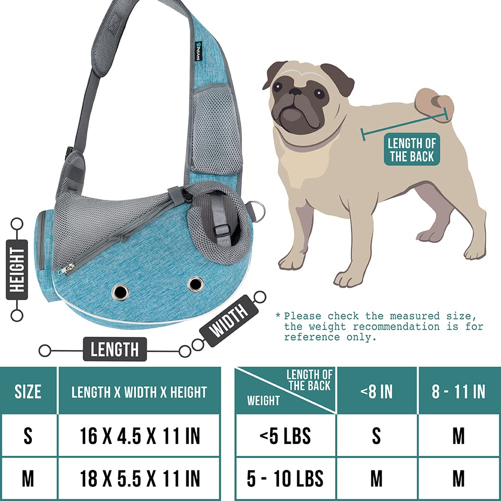 PetAmi Dog Sling Carrier worn crossbody side view blue, secure comfort during walks.