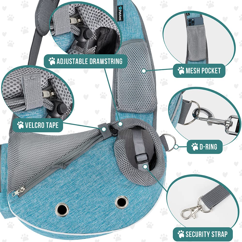 PetAmi sling with dispenser pocket blue, convenient poop bag access on outings.