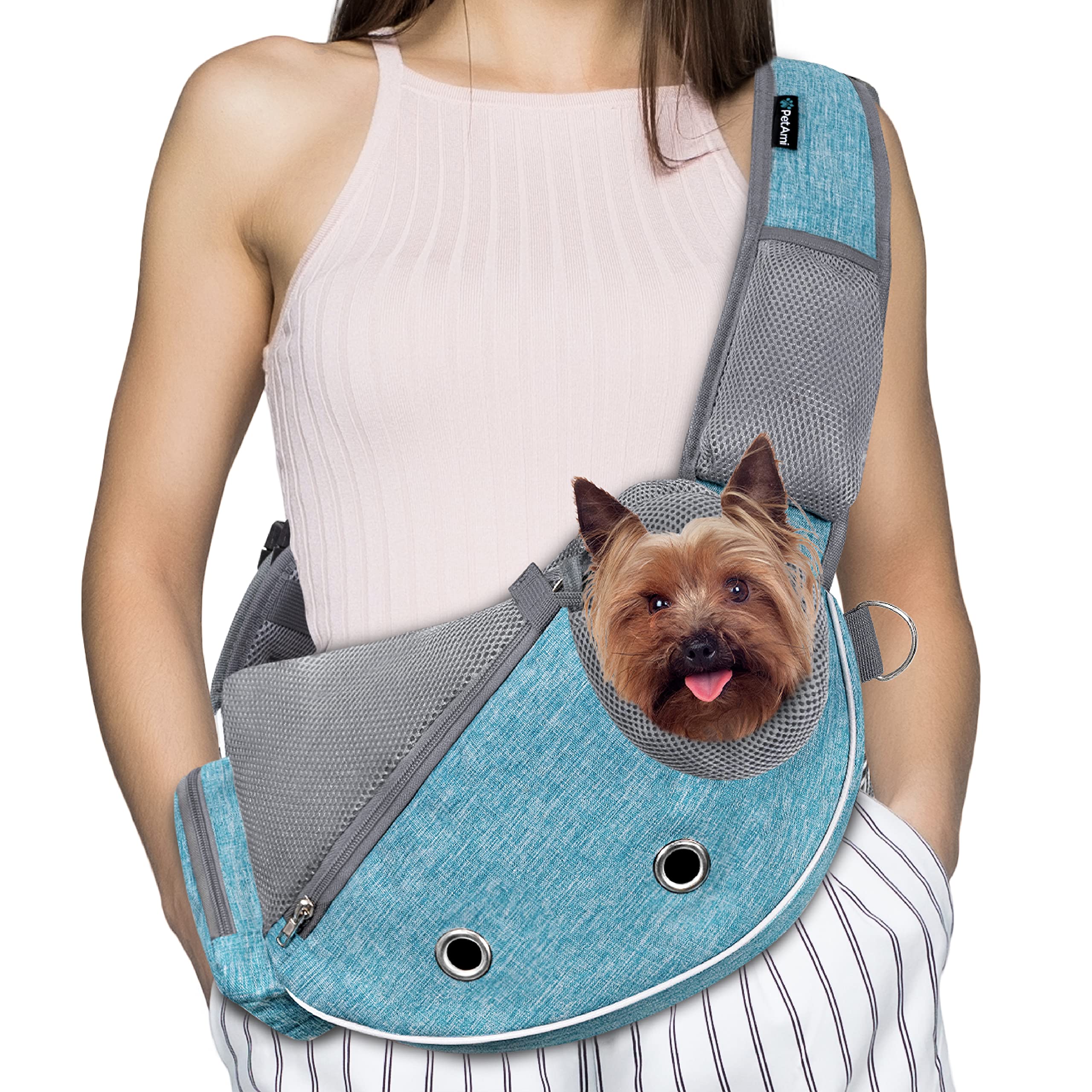 PetAmi Dog Sling Carrier front view blue, a hands-free travel solution for pets.