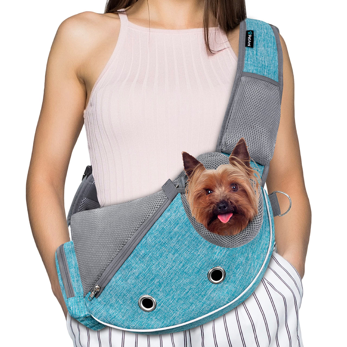 PetAmi Dog Sling Carrier front view blue, a hands-free travel solution for pets.