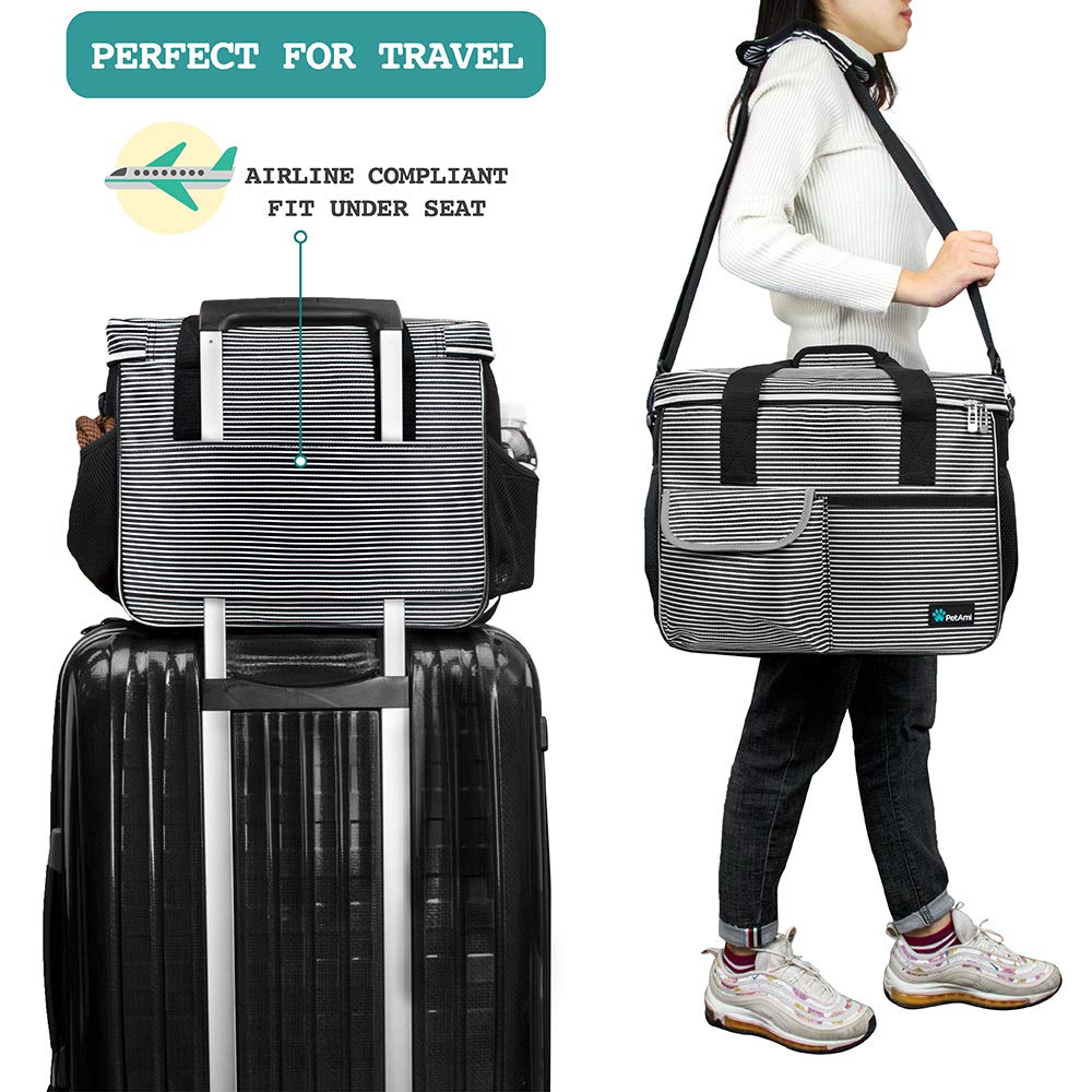 PetAmi dog travel bag under-seat airline compatibility stripe black medium for plane travel.