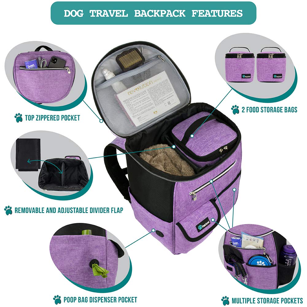 PetAmi Dog Travel Bag Backpack includes two food containers for meals.