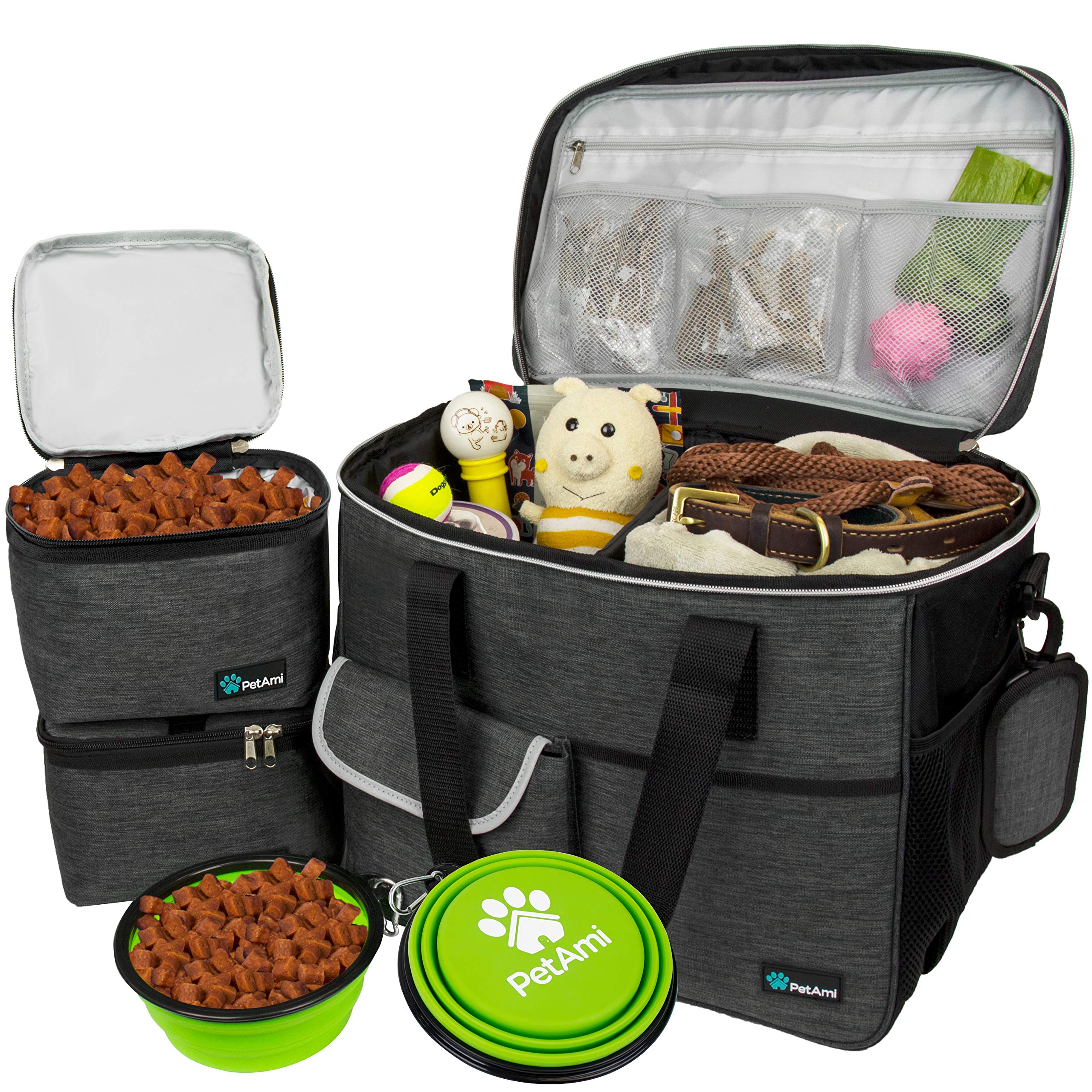 PetAmi dog travel bag charcoal large overview showing ample storage for gear
