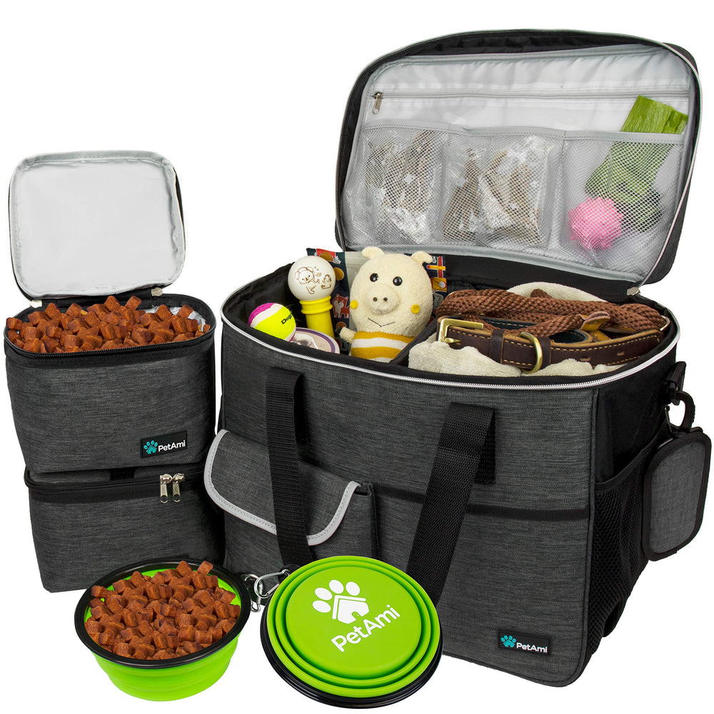 PetAmi dog travel bag charcoal large overview showing ample storage for gear