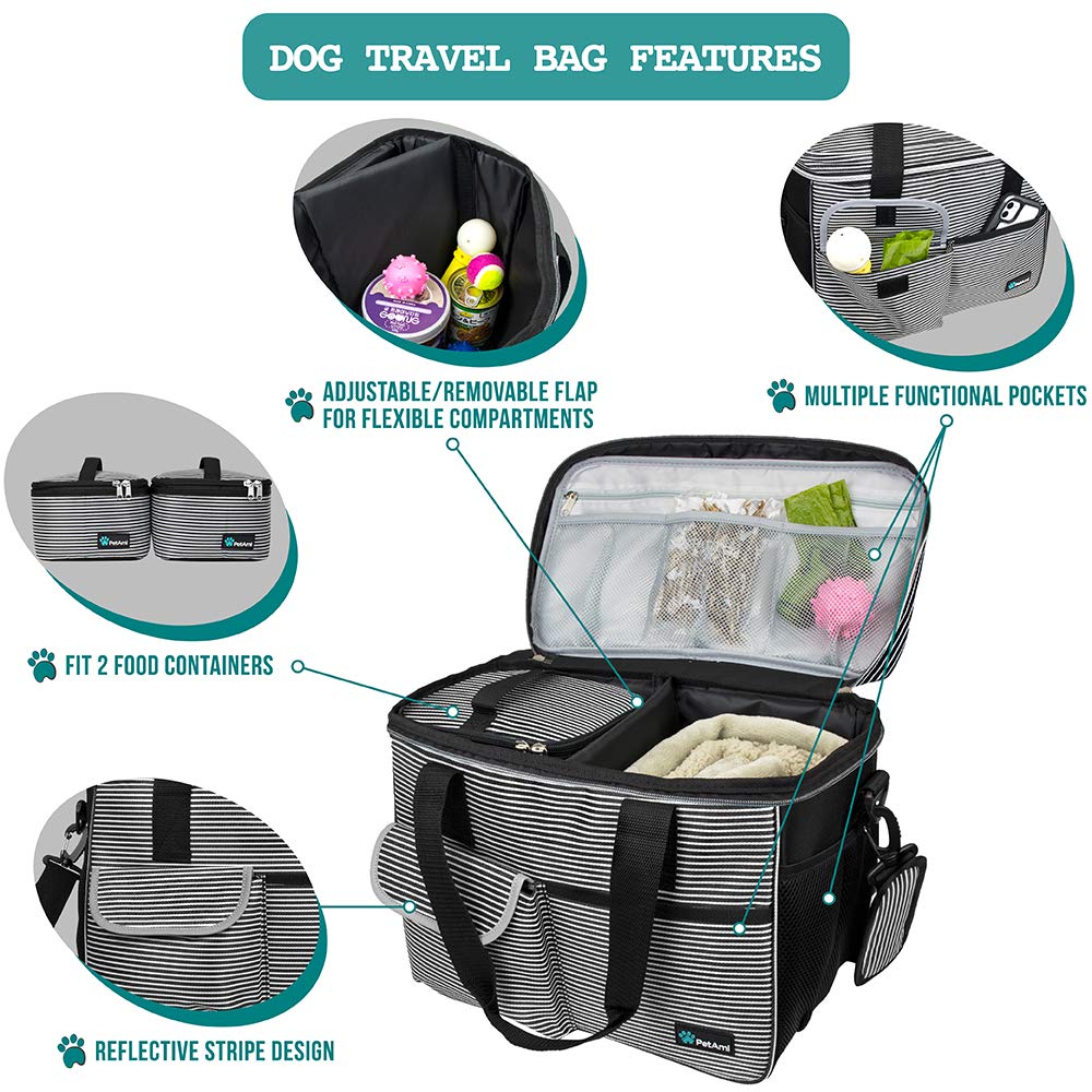 PetAmi dog travel bag collapsible bowls stripe black medium for hydration on trips.