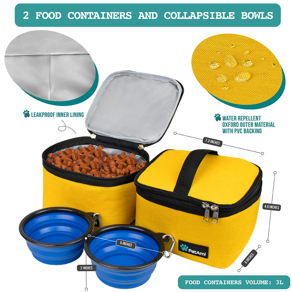 PetAmi dog travel bag with food container and bowls keeps meals ready during trips.