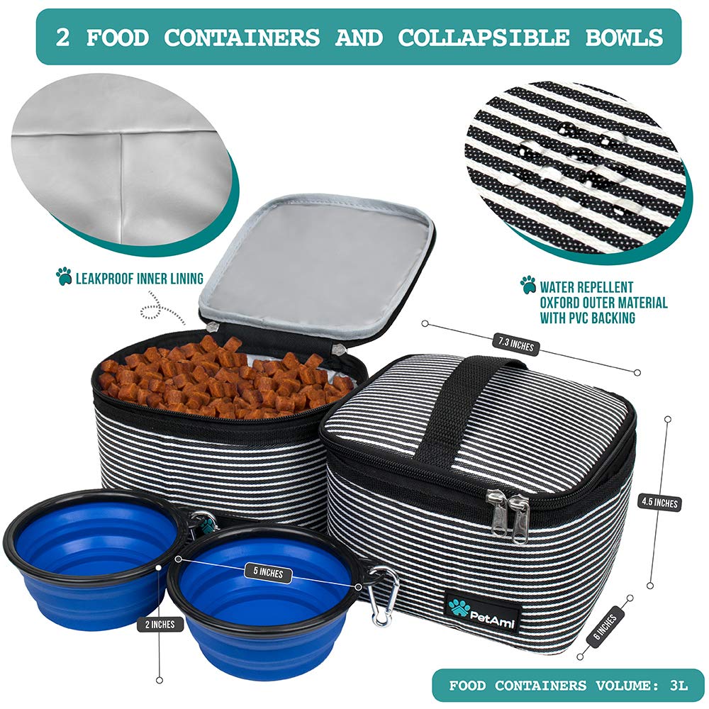 PetAmi dog travel bag with food containers stripe black medium for on-the-go meals.