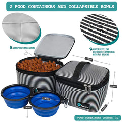 PetAmi dog travel bag with food containers stripe black medium for on-the-go meals.