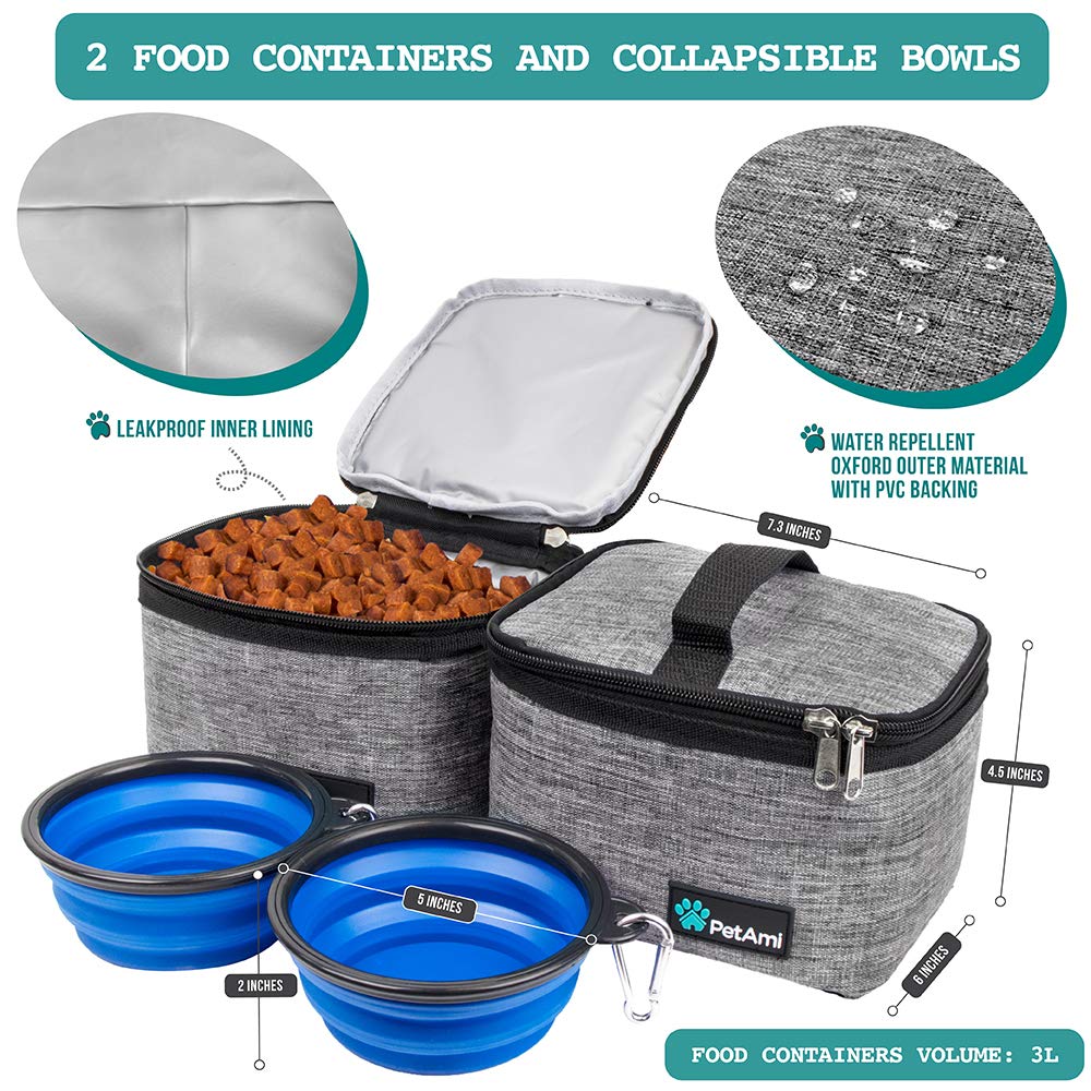 PetAmi Dog Travel Bag includes food containers for on‑the‑go meals.