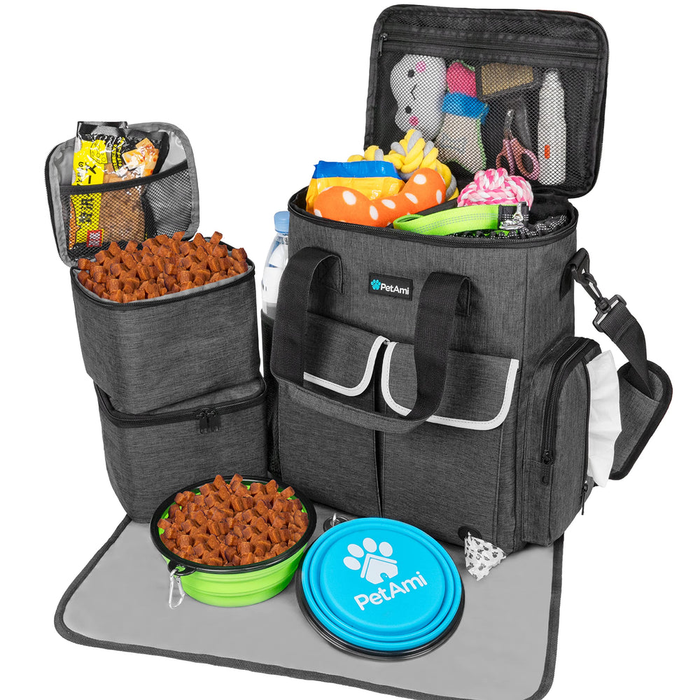 PetAmi dog travel bag front view showing organized compartments for trips