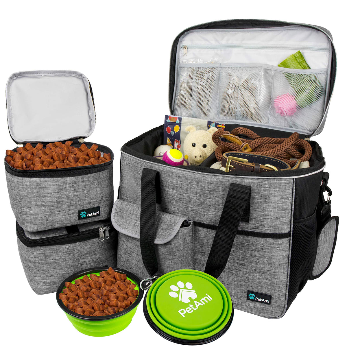 PetAmi dog travel bag grey large front view showing spacious storage for gear.