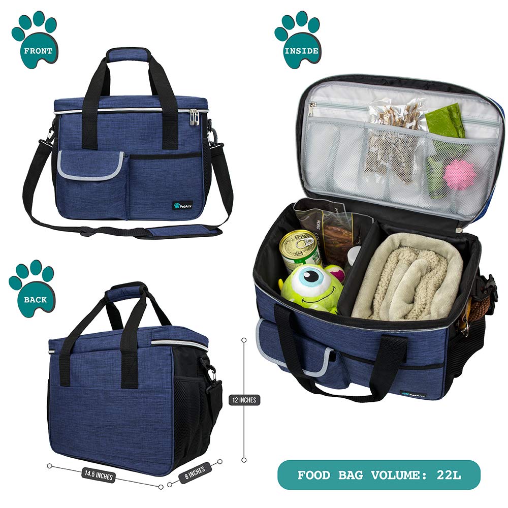 PetAmi Dog Travel Bag interior compartment organized for toys, kibble, and treats.