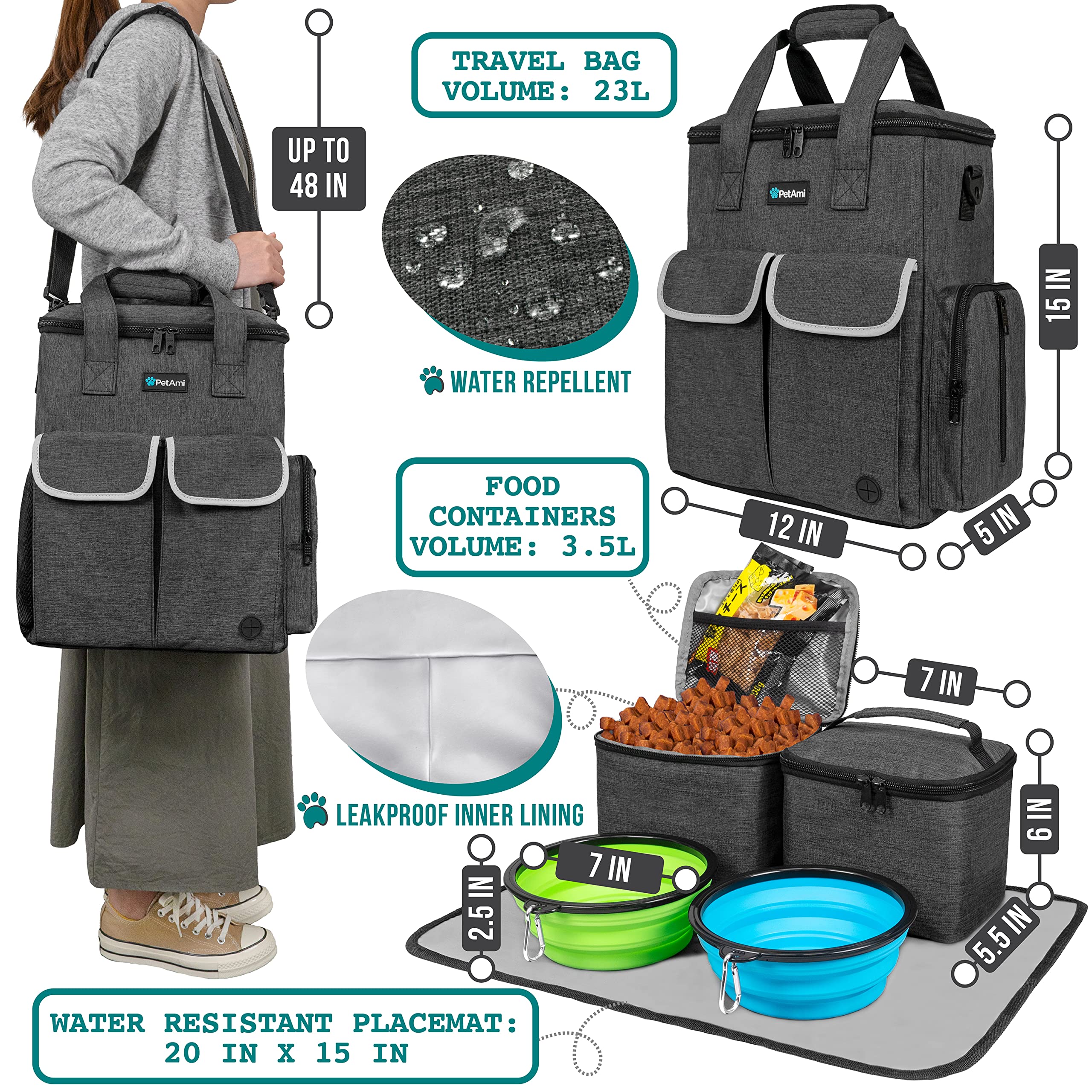 PetAmi dog travel bag interior with containers and bowls for easy on-the-go meals
