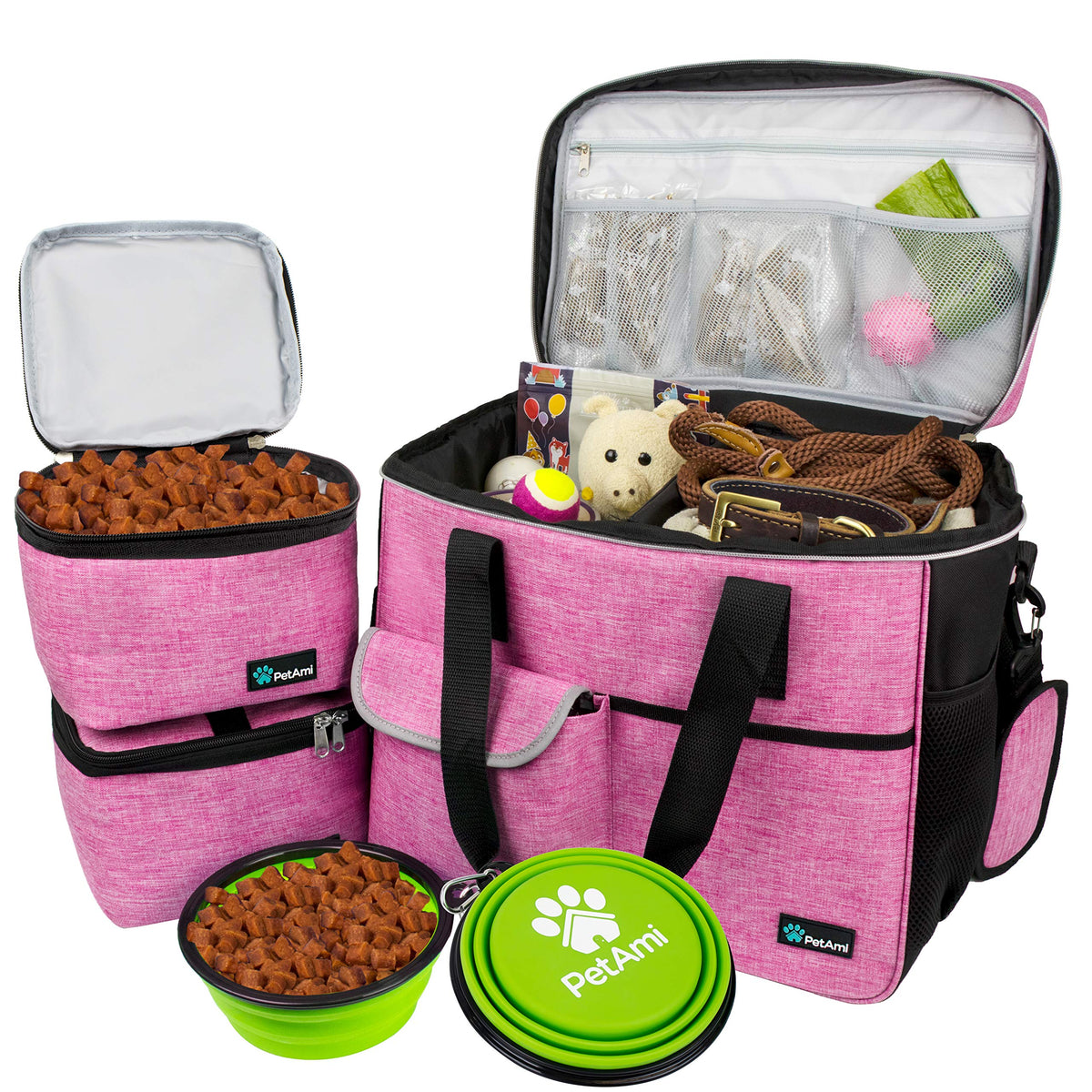 PetAmi dog travel bag with large open compartments for easy packing on trips.