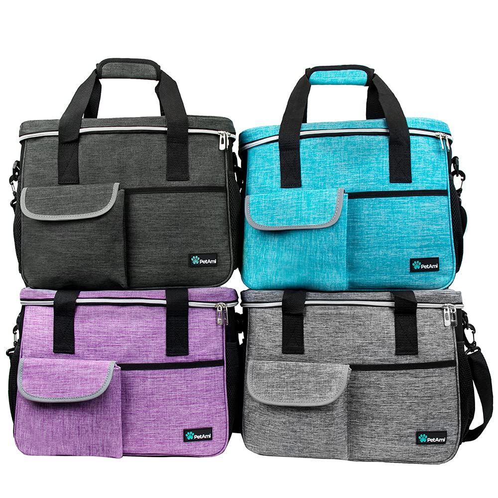 PetAmi Dog Travel Bag multi-pocket organizer showing built-in pockets for treats, toys, and leashes