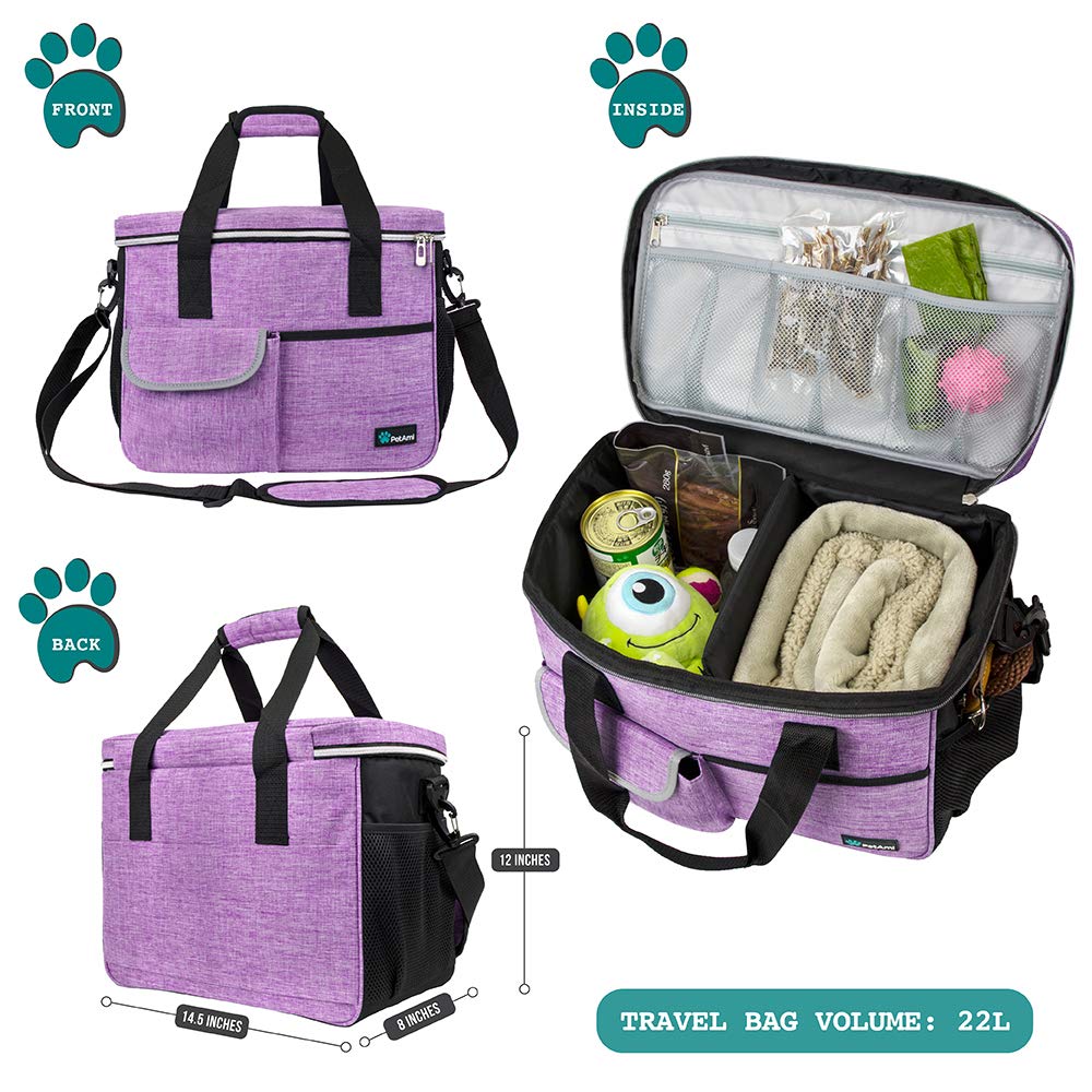 PetAmi Dog Travel Bag open compartments highlighting quick access to food, bowls, and gear