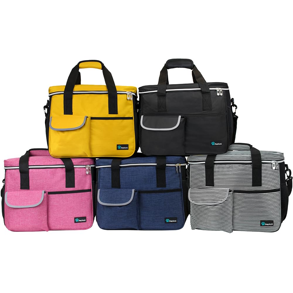 PetAmi dog travel bag organized pockets stripe black medium neatly stores supplies.
