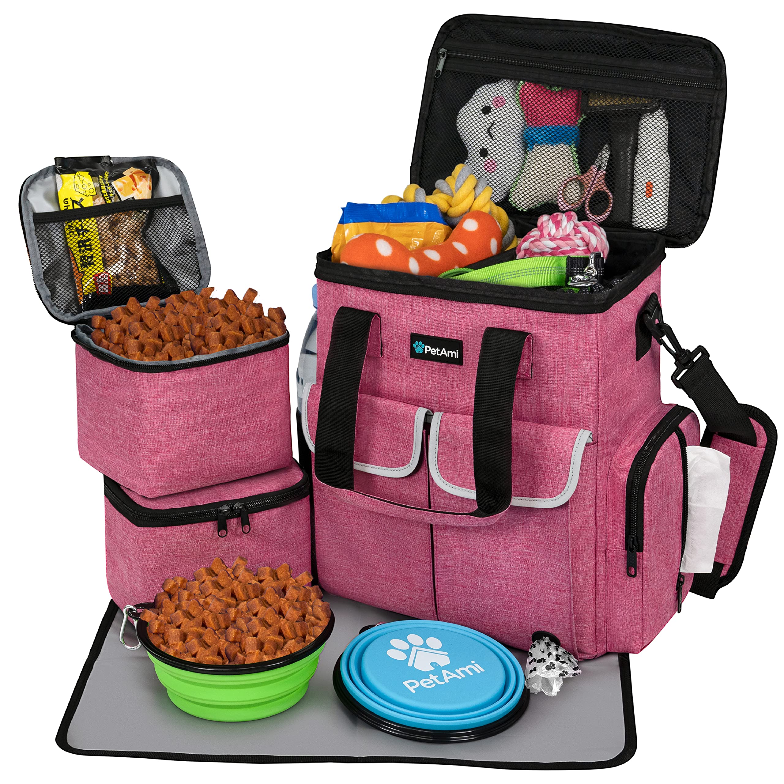 PetAmi dog travel bag pink front view showing organized pockets for trips