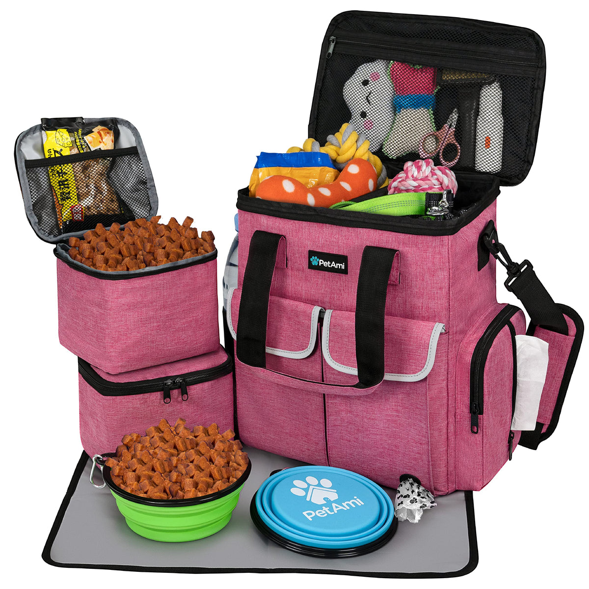 PetAmi dog travel bag pink front view showing organized pockets for trips