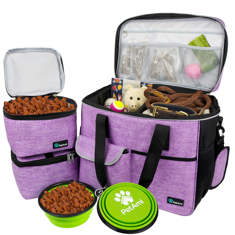 PetAmi dog travel bag purple large overview demonstrates organized travel gear for trips.