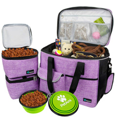 PetAmi dog travel bag purple large overview demonstrates organized travel gear for trips.