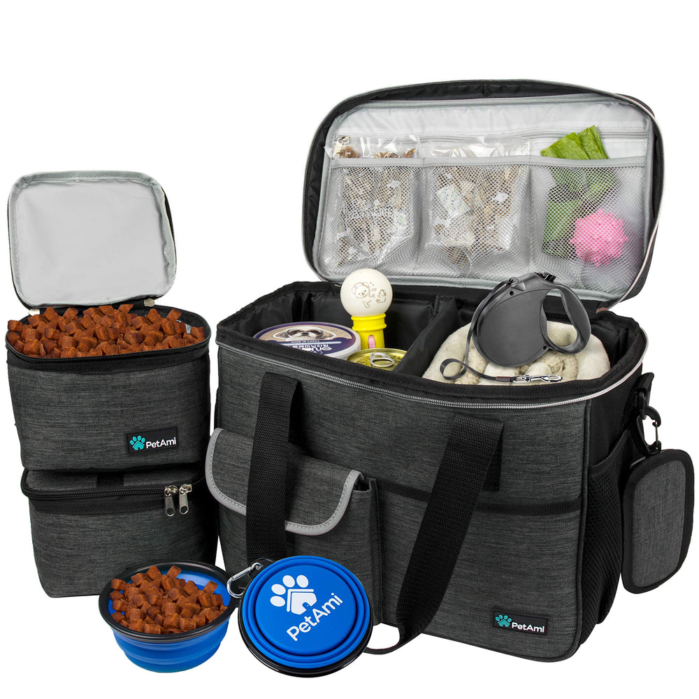 PetAmi dog travel organizer charcoal bag offers roomy under-seat storage for gear.