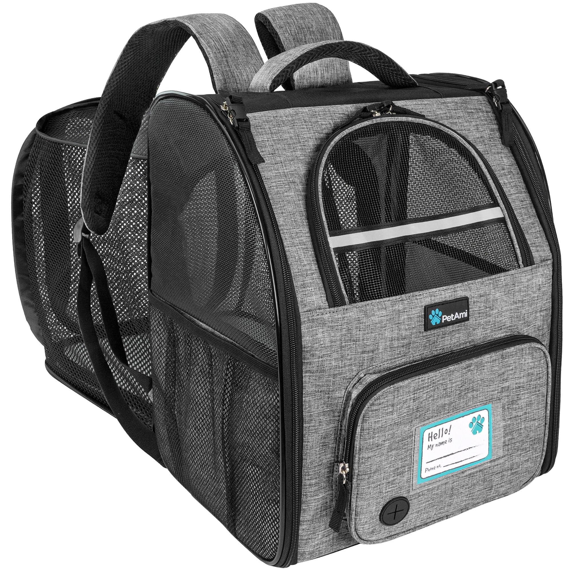 PetAmi expandable backpack front view demonstrates roomy pet transport while traveling