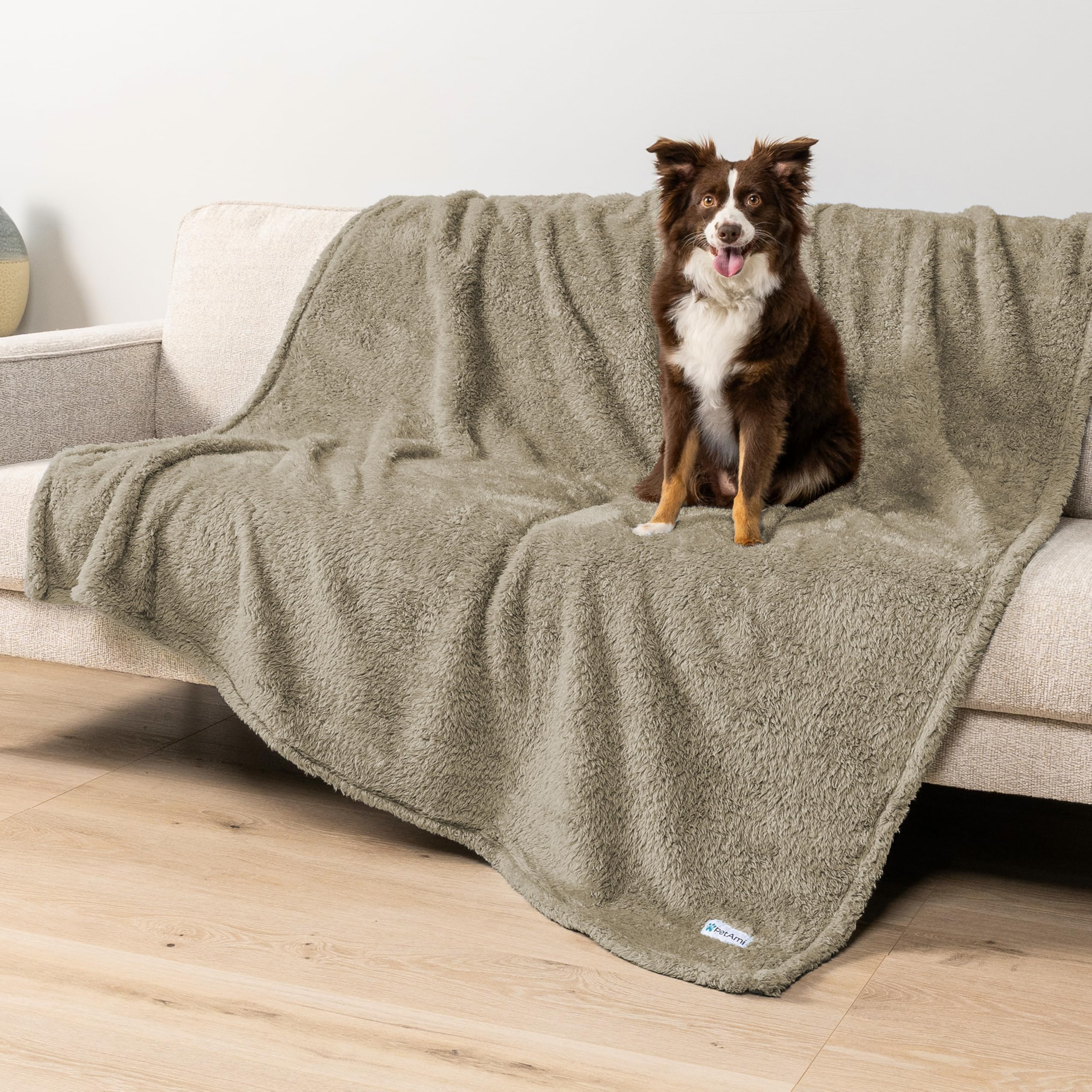 PetAmi fluffy waterproof dog blanket on sofa protects furniture from spills