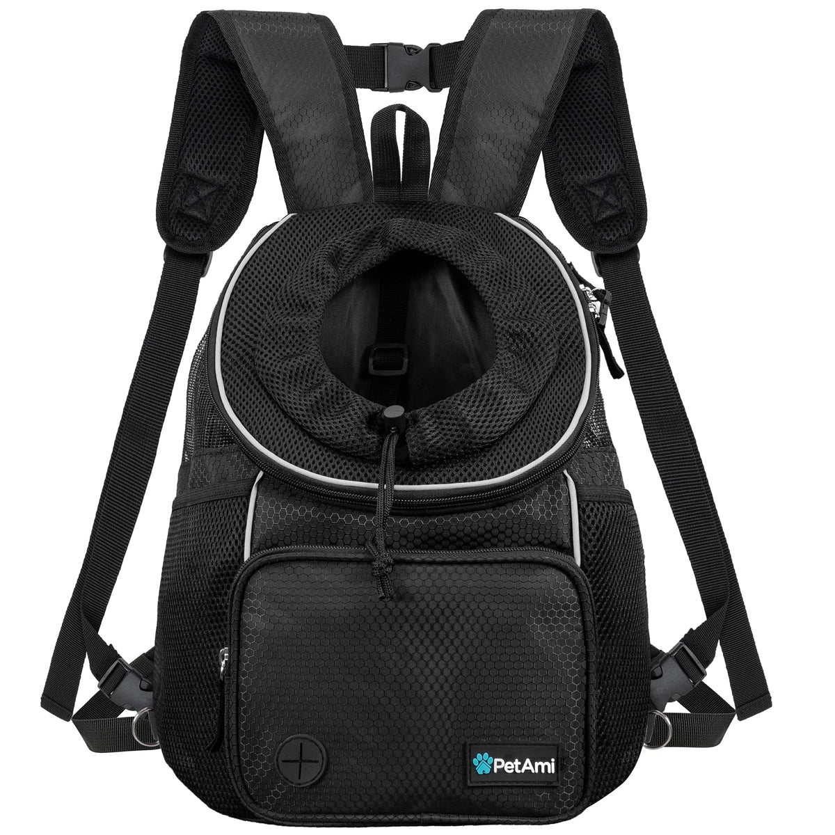 PetAmi front carrier backpack strap closeup showing thick padding for comfortable all-day wear.