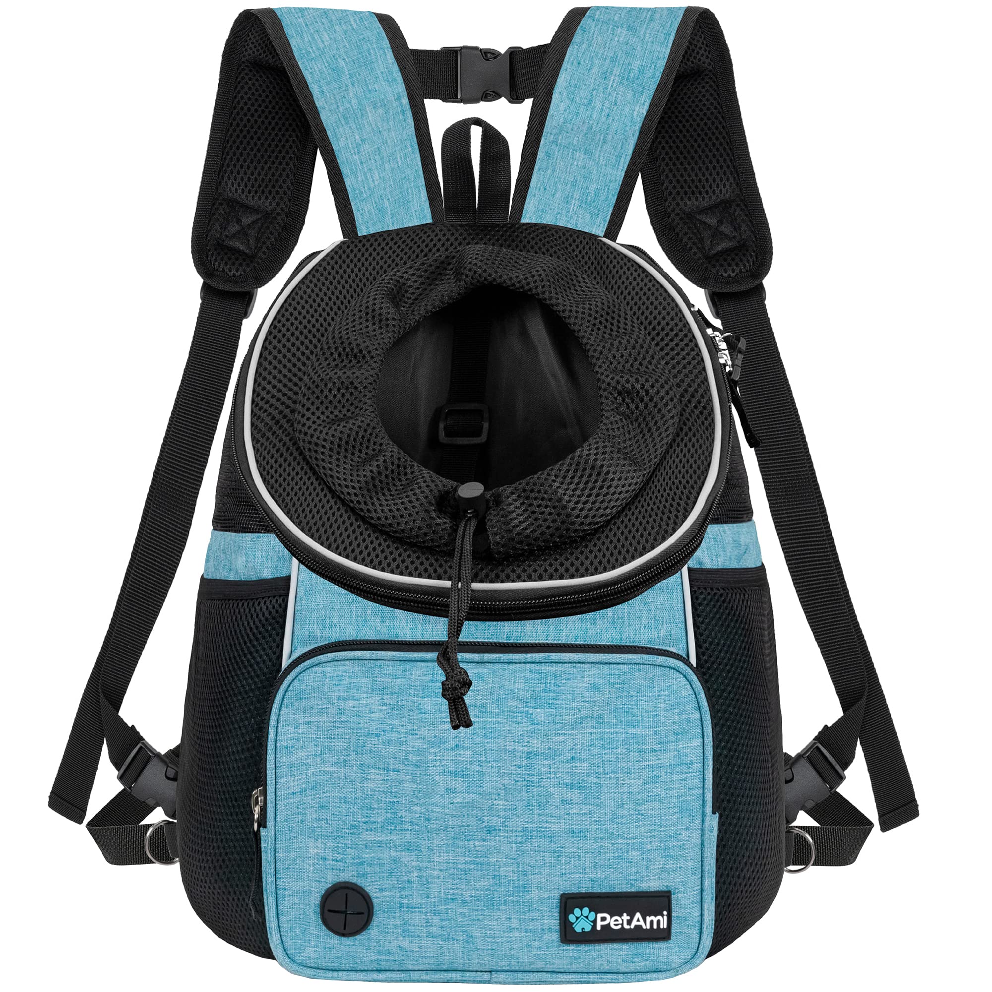 PetAmi front carrier backpack in teal for hands-free hiking and travel with small pets.