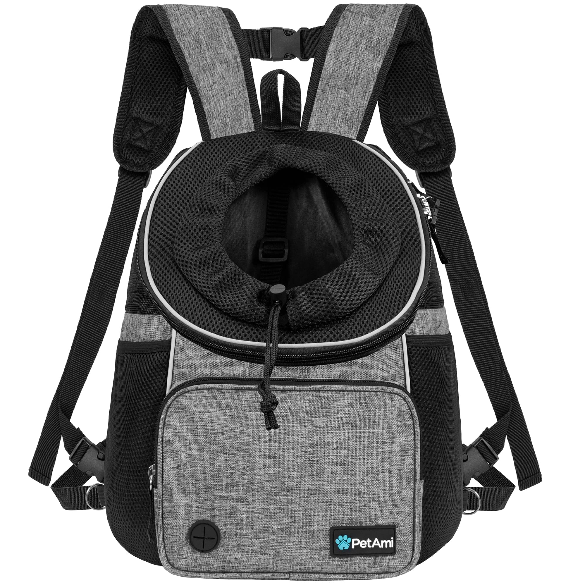 PetAmi front carrier worn during a dog hike for hands-free adventure.