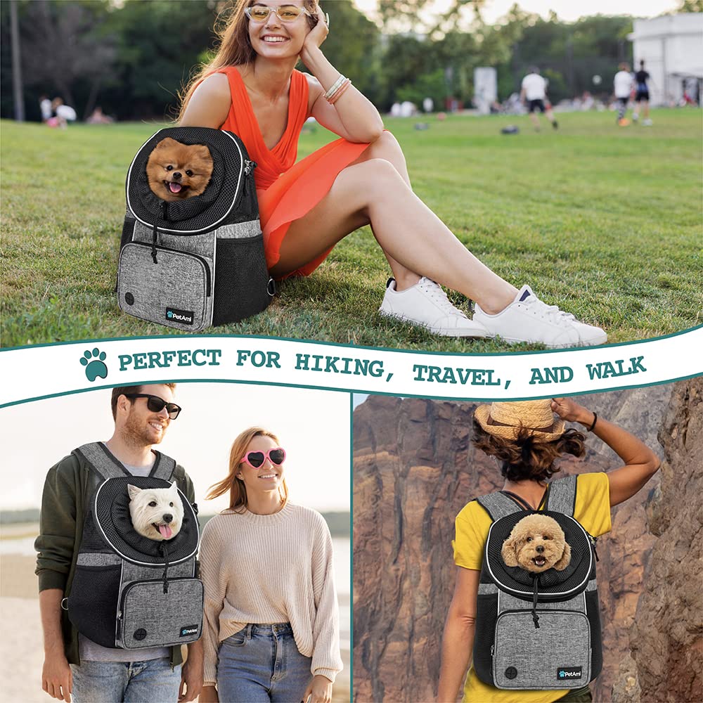 PetAmi carrier shows front pocket and poop bag dispenser in use.