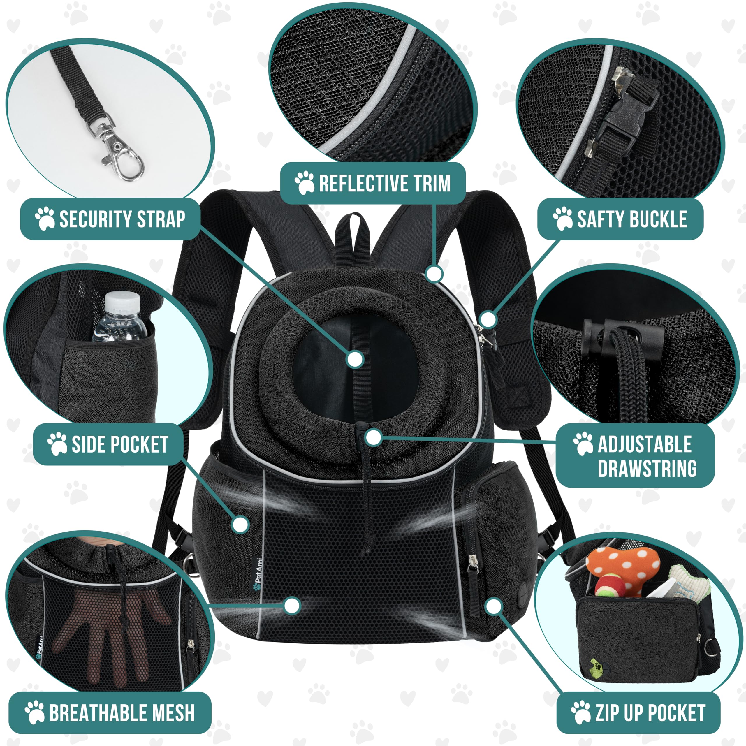 PetAmi front carrier with reflective trim for visibility in low light.